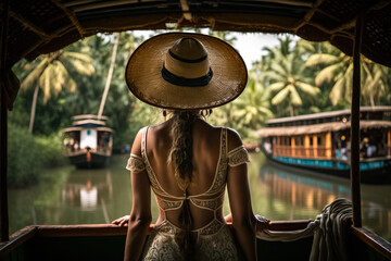 Cruising through the Serene Backwaters of Kerala at Sunset: A Woman's Journey on a Traditional Houseboat ai generative