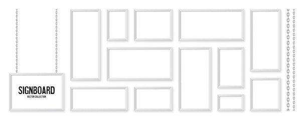 White signboards hanging on a metal chain. Restaurant menu board. Modern poster mockup. Blank photo or picture frame. Advertising or presentation boards. Street banner. Vector illustration