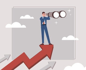 Business opportunity concept. Man stands with binoculars in hands. Goal setting and motivation, vision for future, strategy and planning. Entrepreneur or businessman. Cartoon flat vector illustration