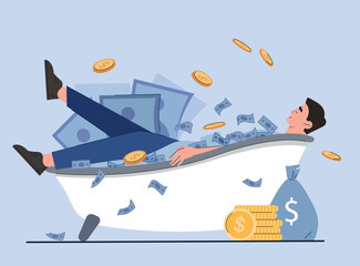 Happy millionaire concept. Man lies in bath with banknotes and coins. Successful entrepreneur or investor with profit and income. Financial literacy and economics. Cartoon flat vector illustration