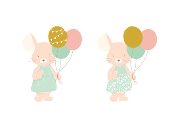 Mouse Birthday in mint dress with balloons, bicycle, flags, floral elements, clouds. Postcards with pattern, vintage template