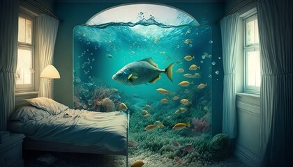 Underwater scene with fish swimming in the room. Generative AI