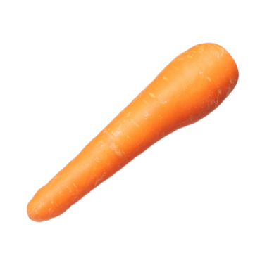 Carrot fresh full length fly in air. Beta Carotene orange color in Carrot is good health. Natural raw surface of carrot with root. White background isolated, high speed shutter