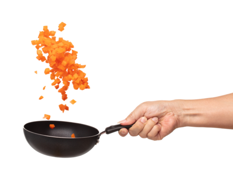 Carrot fresh fly float in Air turn to Cube dice shape. Beta Carotene orange color in Carrot is good health. Many Dice cube carrot flying throw up in Air by cooking pan. White background isolated