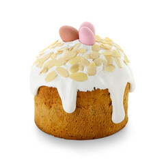 Easter cake decorated with eggs and nuts on white background