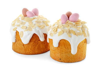 Easter cake decorated with eggs and nuts on white background