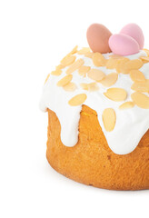Easter cake decorated with eggs and nuts on white background, closeup