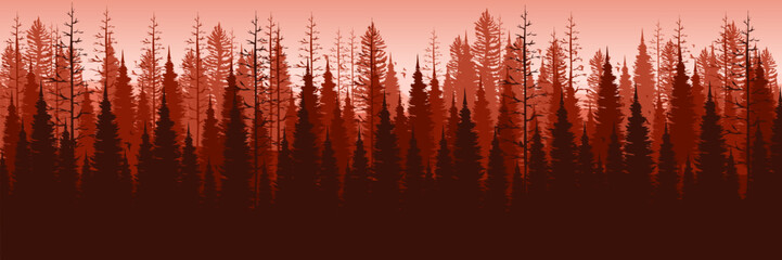 sunrise pine tree forest landscape silhouette vector illustration good for travel design, wallpaper, banner, background, web banner, ads banner, tourism banner, wallpaper, and background template