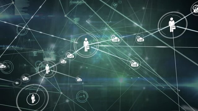 Animation of glowing network of connections and dat processing over light spots on grey background