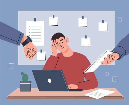 Overwhelmed person concept. Tired man sitting at laptop, boss overloading his subordinate. Emotional burnout, low energy level. Pressure and stress, busy worker. Cartoon flat vector illustration
