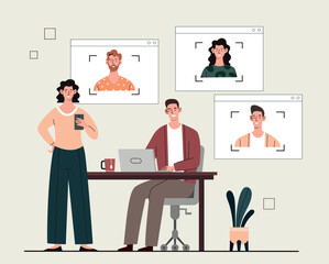 Recruiting agents concept. Man and woman with laptop evaluating workers, candidates for vacancy. Expansion of staff and recruitment. HR managers in workplace. Cartoon flat vector illustration