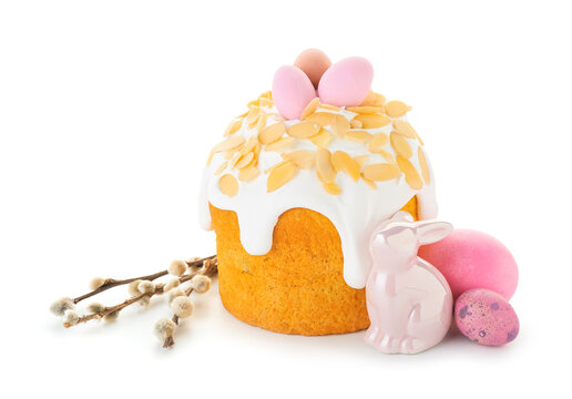 Easter cake, painted eggs and bunny isolated on white background