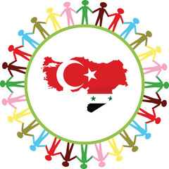 Group of multi colored people holding hands and forming a big circle around map of Turkey and Syria with national flags to express care and give support for this countries