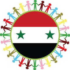 Group of multi colored people holding hands and forming a big circle around flag of Syria to express care and give support for this country