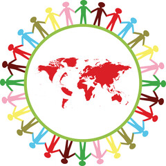 Group of multi colored people holding hands and forming a big circle around World map in colors of Turkey national flag to express care and give support for this country