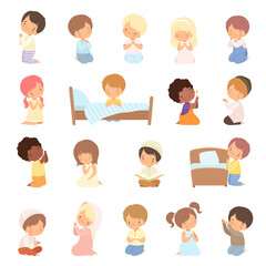 Little Kid Kneeling and Praying with Folded Hands Big Vector Set