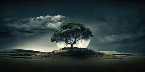 Fototapeta na wymiar illustration of a night tree, before the full moon in a desertic landscape