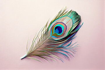 Flat lay image with single peacock feather on pastel colored background