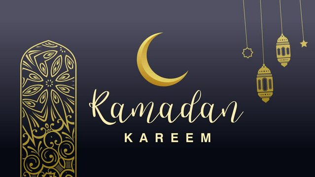 Ramadan Kareem greeting card with half moon on black background.
