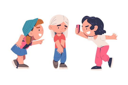 Sad little girl being bullied by her schoolmates. Children laughing and filming conflict on smartphone. Mockery and bullying at school cartoon vector illustration