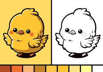 Cute baby chicken cartoon illustration in coloring page style farm animal