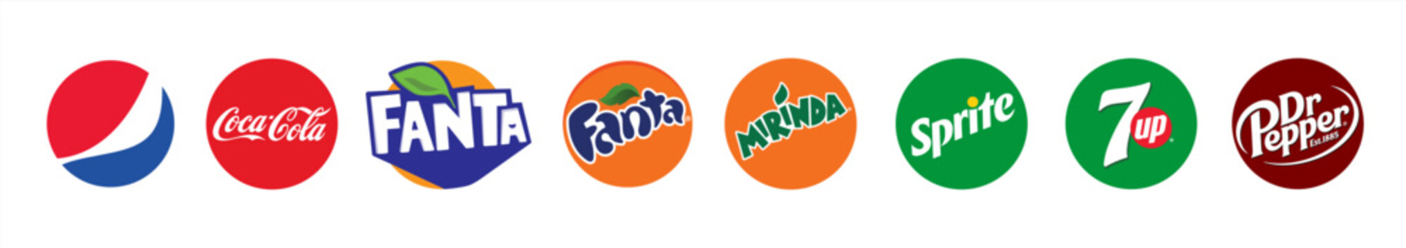 Pepsi, Coca-Cola, Sprite, Fanta. Company logo. Pepsi and Cola icon. Editorial Sprite and Fanta logo. Round famous company logo vector 10 eps.