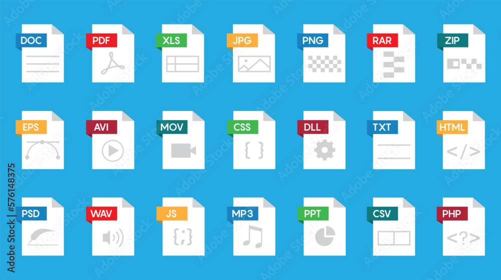 Leinwandbilder File format flat icon set. Document file icons vector set 10 eps.
