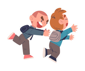 Fighting boys. Boy being bullied by his schoolmate. Mockery and bullying at school cartoon vector illustration