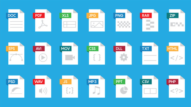 File format flat icon set. Document file icons vector set 10 eps.