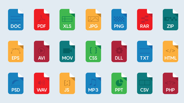Set of Document File Formats and Labels icons. Vector illustration 10 eps.