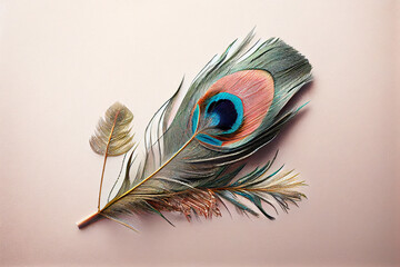 Flat lay image with single peacock feather on pastel colored background