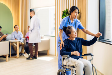 Obraz premium Portrait of asian woman physiotherapist trainer carer helping physical and discussing consulting talk with group asian senior patient by doing yoga workout exercises in rehabilitation at hospital