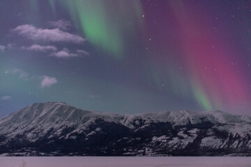 Fototapeta na wymiar Incredible Aurora Borealis Northern Lights show seen in winter time over a frozen lake and snow capped mountains. 