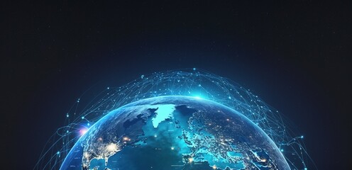 image of the planet Earth in space experimental fiber-optic communications and Internet communications, generative AI