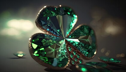 Lucky clover shaped sparkling diamond emerald. Crystal ornate jewelry design. Intricate luxury green gem. St. Patrick's Day.