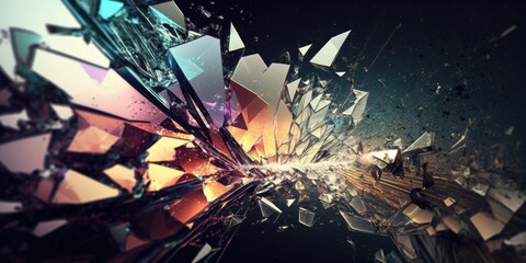 Colorful shattered glass abstract. Exploded shards twinkling glittering light reflection mirror. Background wallpaper. 