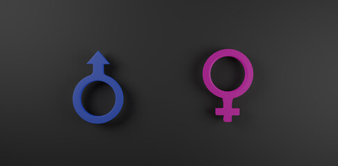 Pink woman sign and Blue man sign with black background for business equality human rights and gender concept using. Illustration 3D - obrazy, fototapety, plakaty