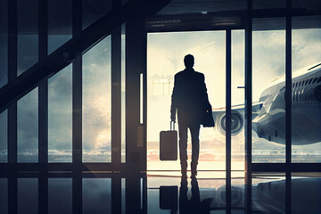 Fototapeta na wymiar Silhouette of a businessman with a suitcase at the airport. Generative AI