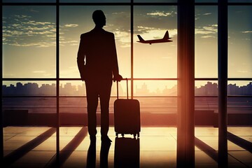 Silhouette of businesswoman with suitcase looking at airplane in airport. Generative AI