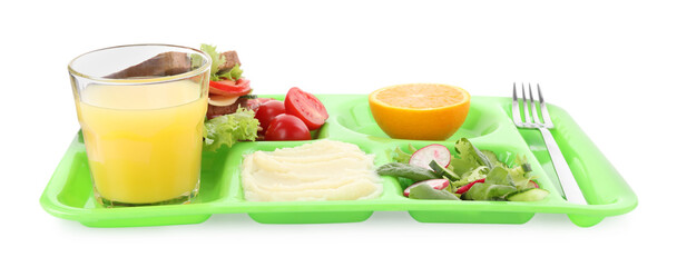 Serving tray of healthy food isolated on white. School lunch