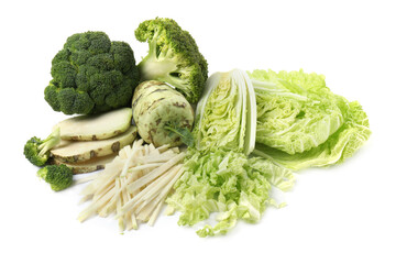 Different types of cut cabbage on white background