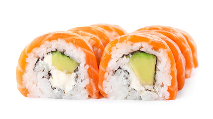 Delicious sushi rolls with salmon on white background