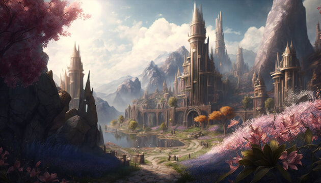 Asgard world of the gods - home of the Aesir - Flower landscape - German Mythologies - Generative AI