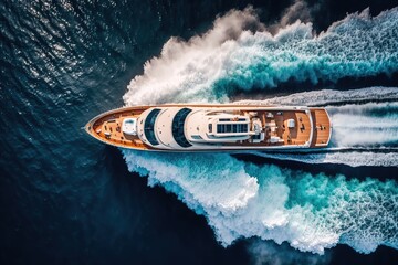 Aerial drone ultra-wide panoramic photo of the beautiful modern super yacht with wooden deck cruising in high speed deep blue open ocean sea 