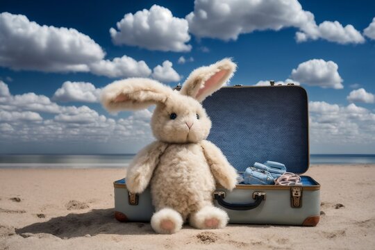 Cute Fluffy Toy Rabbit On The Beach