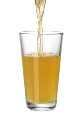 Pouring fresh juice into glass on white background