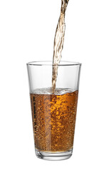 Pouring fresh juice into glass on white background