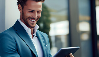 Fototapeta premium Businessman works outdoors near the office holds a tablet, smiles reads good news. Generative AI.