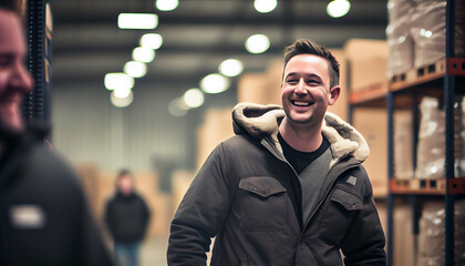 Fototapeta premium Smiling warehouse manager. Generative AI.