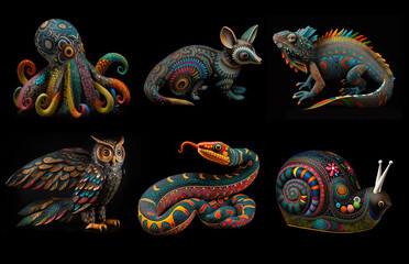 Set of six detailed alebrije animal figures on a black background. Octopus, possum, iguana, open-winged owl, snake, snail. Traditional Oaxaca Mexico carvings. Created with Generative AI technology. 